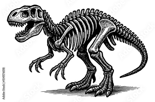 Detailed Engraving of a Tyrannosaurus Rex Skeleton with Open Mouth in Black and White