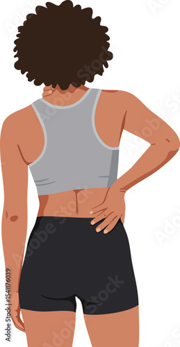 Woman with curly hair in sportswear holding lower back in pain vector illustration 