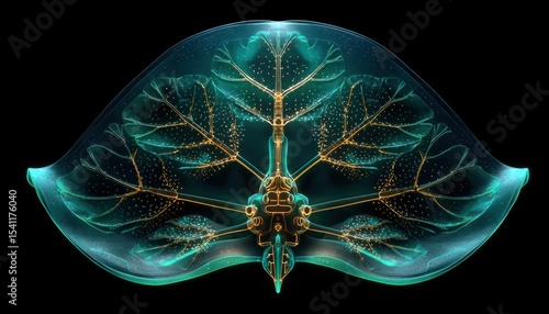 Intricate leaf-like structure, glowing teal