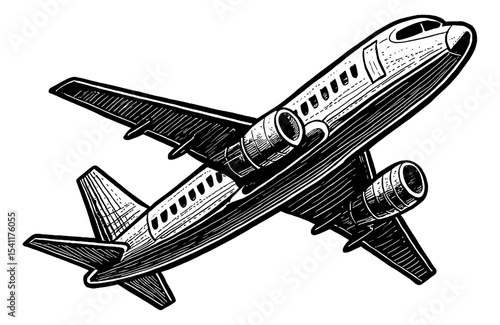 Illustration of an airplane with engraved design in black and white color on white background.
