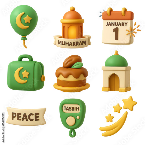 Vibrant islamic islamic new year symbols collection, perfect for Islamic holiday designs, educational resources, social media posts, and cultural projects.