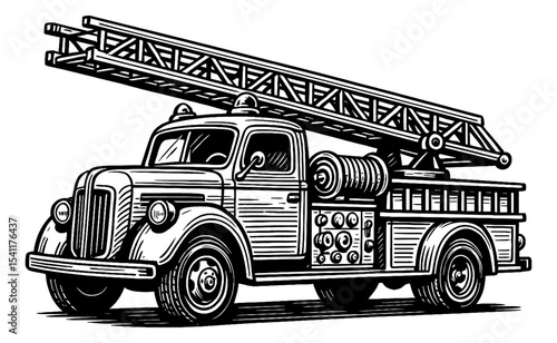 Firetruck with Ladder in Black and White Line Art Style Illustration Detailed Design