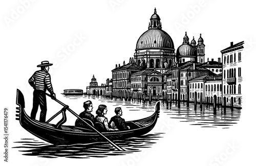 Gondolier steering gondola with passengers in Venice Italy detailed black and white engraving