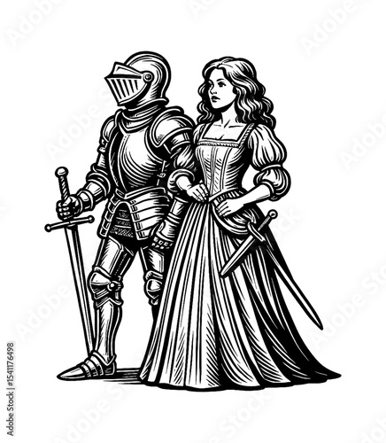 A Knight and a Lady Standing Together in Black and White Engraving Style