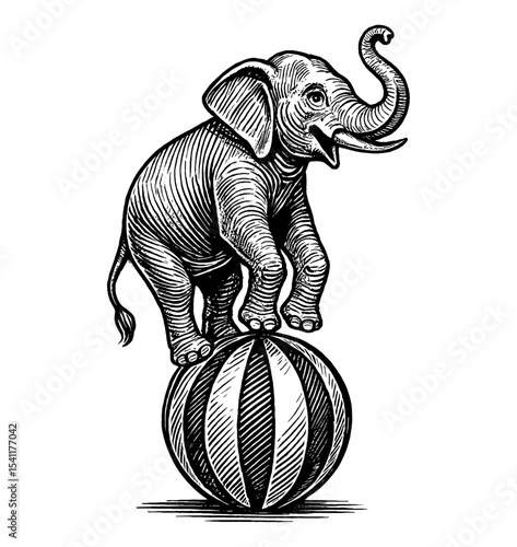 Elephant Balancing on Striped Ball in Black and White Engraving Style Detailed Illustration