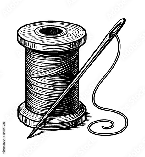 Illustration of needle and thread spool in detailed engraving style