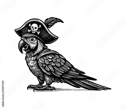 Illustration of a parrot wearing pirate hat with skull in detailed engraving art
