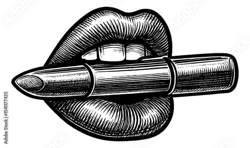 Illustration of Lips Biting Lipstick in Black and White Engraving Style Art