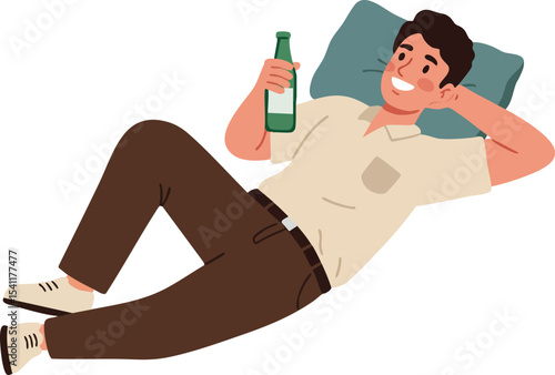 Relaxed man lying down with bottle in hand enjoying rest and leisure time on pillow vector illustration 