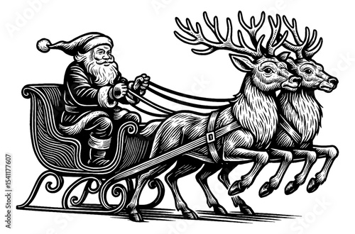 Santa Claus riding reindeer sleigh in detailed black and white outline line art drawing