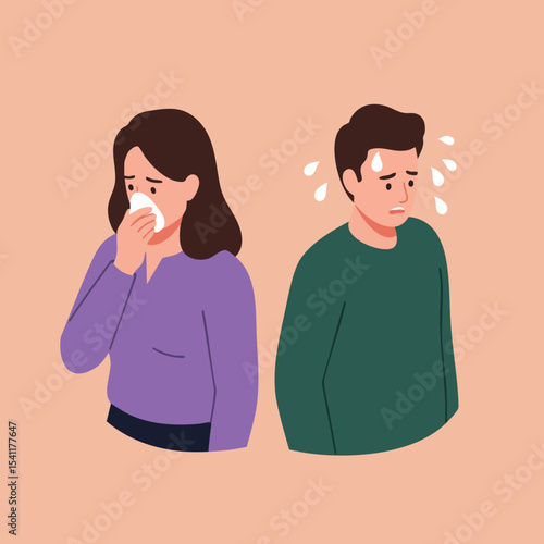 Sick woman sneezing and worried man sweating feeling unwell vector illustration in casual clothing 