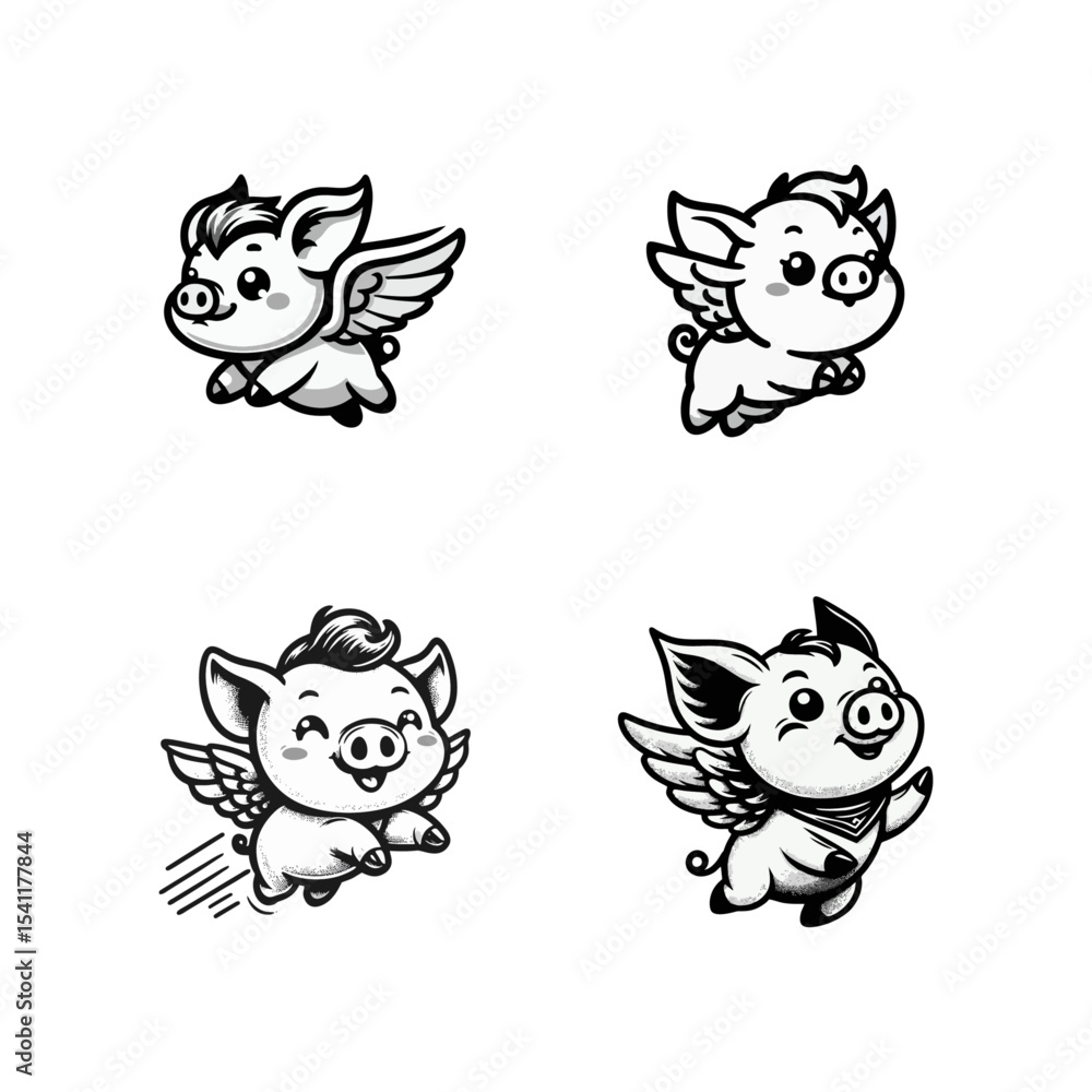 Fototapeta premium Piglet Pig wing fly engrave illustration logo icon