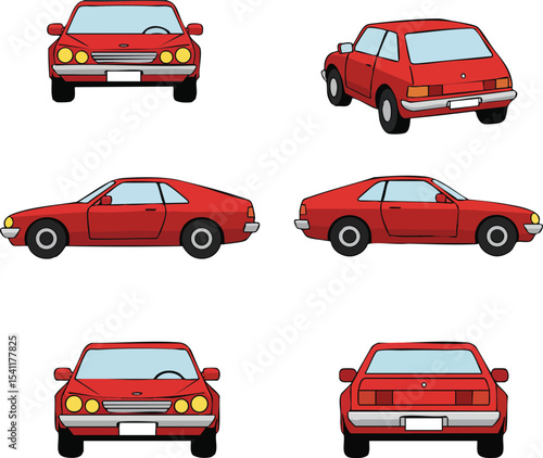 Red classic car vector illustrations showing multiple angles including front, back, and side views in simple style 