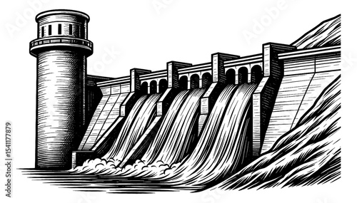 Engraved Illustration of Hydroelectric Dam with Waterfall and Tower Structure