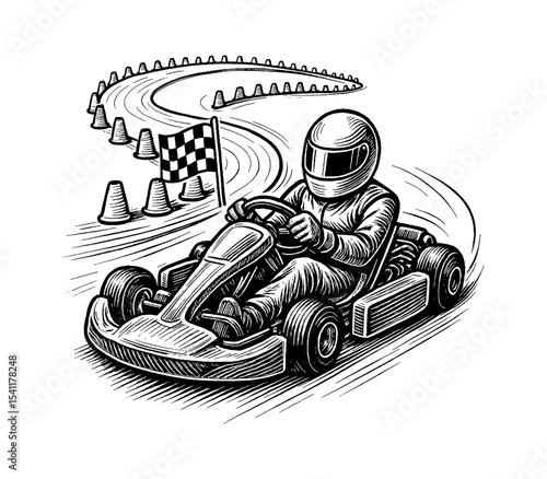 Go Kart Racing Illustration of Driver with Checkered Flag and Racing Cones. Vector