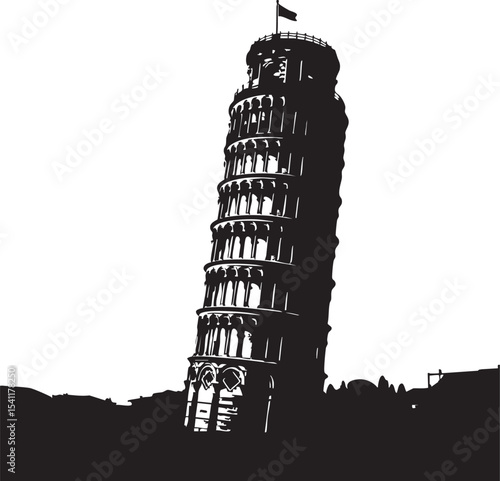 Silhouette of the Leaning Tower of Pisa with a noticeable tilt, white background