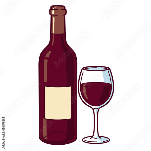 Elegant Red Wine Bottle and Glass:  Sophisticated Still Life, Rich Burgundy Hues,  Perfect for Wine Lists or Restaurant Menus.
