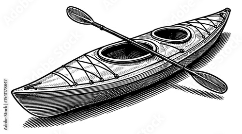 Detailed Engraving of a Kayak with Paddle Lying Across it in Black and White