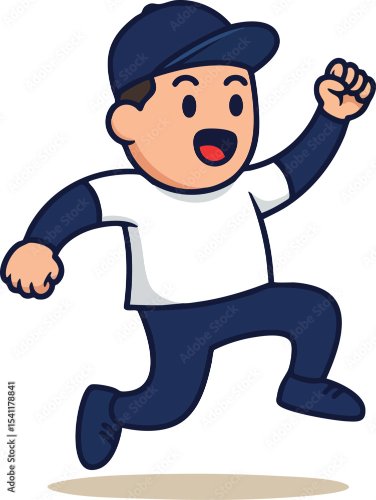 Boy jumping in navy blue cap and clothes expressing excitement and joy vector illustration Boy jumping in navy blue cap and clothes expressing excitement and joy vector illustration