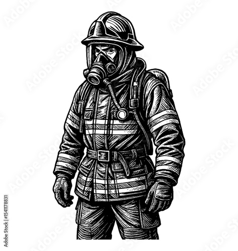 Brave Firefighter in Protective Gear with Mask Standing Strong in Detailed Engraving