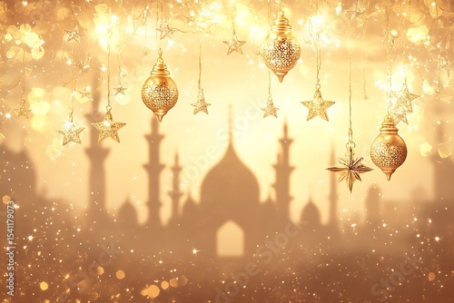 Golden stars and lanterns illuminate the mosque's shadow, adding festive glow to the scene