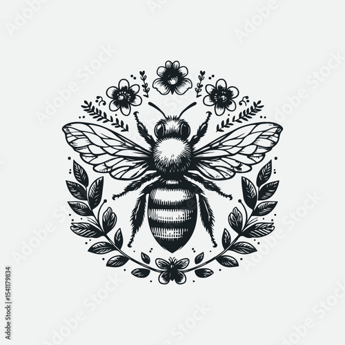 Creative vintage style Honey bee editable vector logo. Hand drawn engraving style bee illustrations.