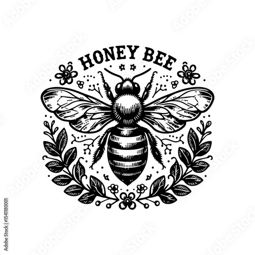 Creative vintage style Honey bee editable vector logo. Hand drawn engraving style bee illustrations.