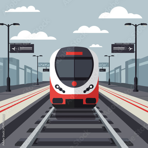 Modern train arriving at station with platform and overhead signage vector illustration in flat style 