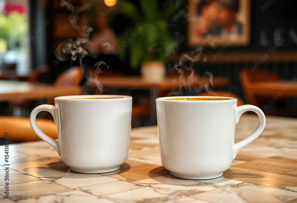 Fototapeta premium Two steaming white mugs of coffee on cafe table closeup, beverage, coffee shop