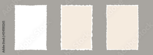 Torn paper frame backgrounds. Beige and white blank sheet wallpapers with jagged edges. Ripped grunge element bundle for poster, text box, banner, collage, sticker. Vector rectangle craft backdrops