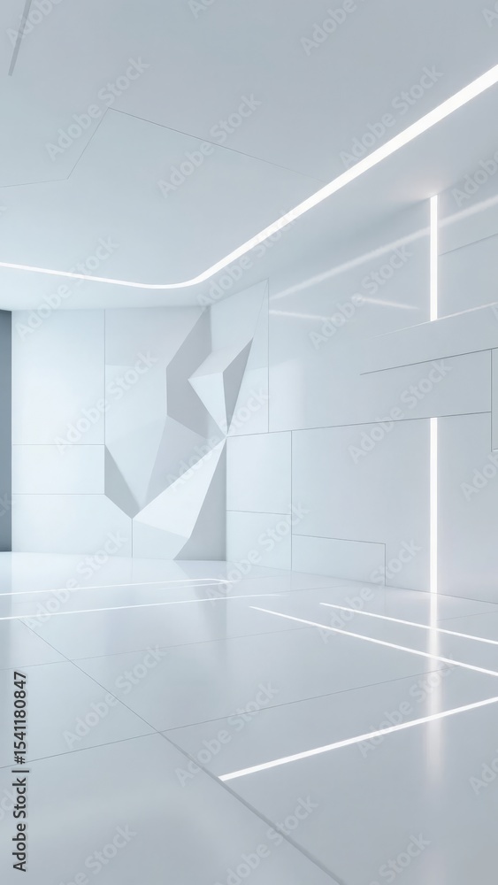 Fototapeta premium Minimalist White Room with Geometric Wall Design and Linear Lighting
