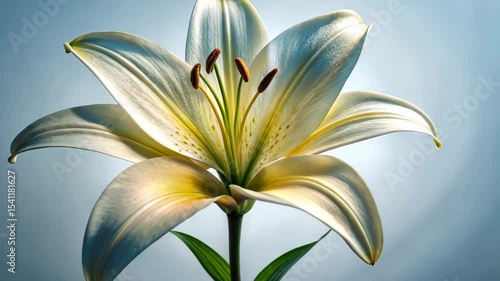Elegant white lily flower with yellow center and brown anthers on a soft blue background