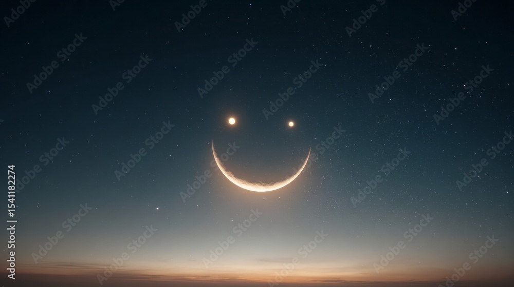 crescent moon forming a smiley face in the night sky. crescent moon forming a smiley face in the night sky.