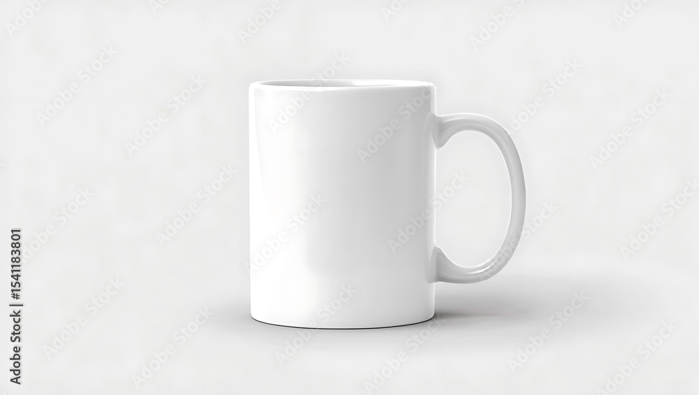 Fototapeta premium A simple white ceramic mug with a handle isolated on a plain white background in a studio shot