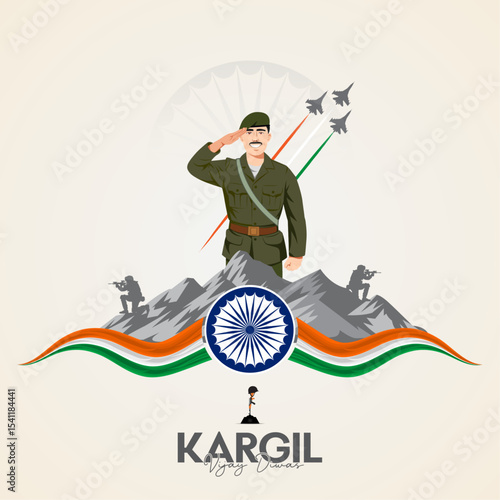 Kargil Vijay Diwas: Soldier's salute, Indian flag, and fighter jets over mountains