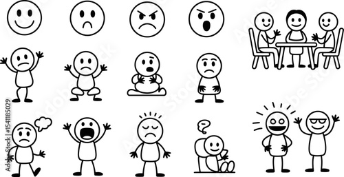 Stick figure emotions and expressions set vector illustration for communication and design projects editable stock vector illustration