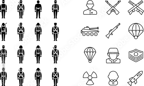 Military army soldier icon set vector illustration war troops equipment weapon uniform badges rank 100 editable stock vector illustration