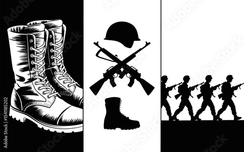 Military army soldier combat boot vector graphic illustration black and white design for war artwork editable stock vector illustration