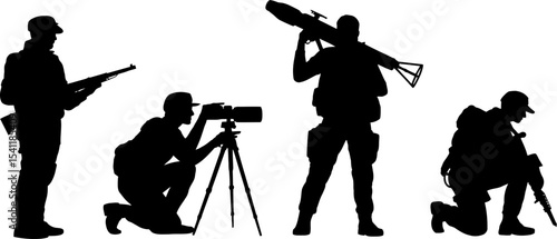 Silhouette of military soldiers armed with rifle bazooka and camera on tripod vector illustration editable stock vector illustration