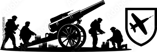 Cannon artillery vector illustration military war soldiers silhouette plane shield black and white art editable stock vector illustration