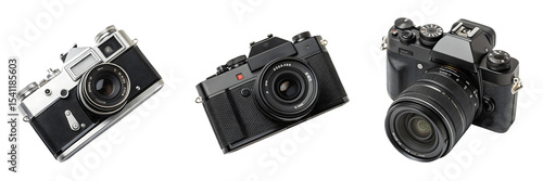 Three vintage cameras isolated on transparent background in a studio shot