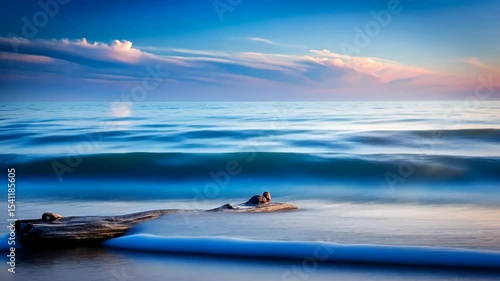 Driftwood Serenity Tranquil Waves Embrace a Weathered Log on a Peaceful Shore