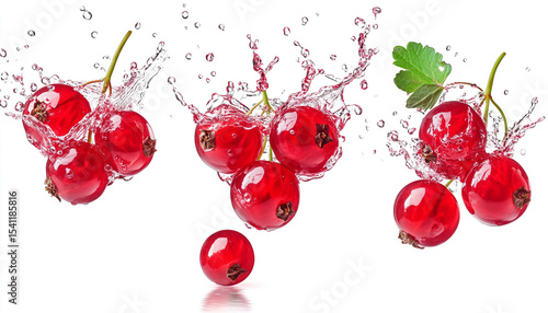 red currant berries falling with fresh splash