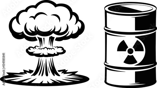 Nuclear bomb explosion and radioactive waste barrel vector illustration design concept art drawing editable stock vector illustration