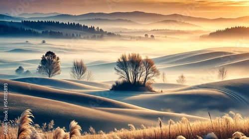 Sunrise Over Rolling Hills and Bare Trees in a Misty Valley
