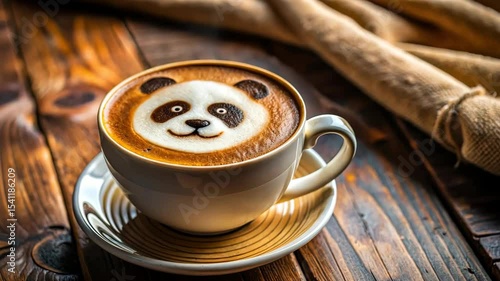 A Cup of Coffee with a Cute Panda Face Art on a Wooden Table