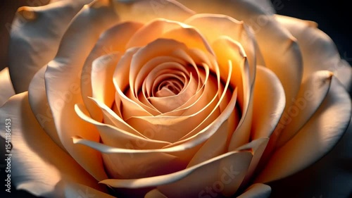 Close-up of a delicate, luminous peach rose, gracefully unfolding its petals in soft light.
