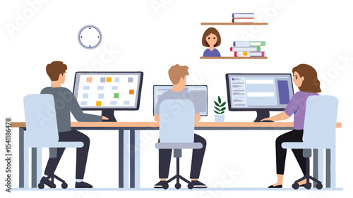 Three people working at computers in an office with a clock and a shelf with books above