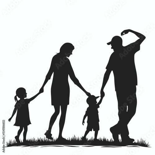  silhouette family holding hands on white background