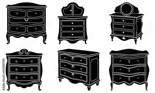 Collection of six different styles of chest of drawers in black and white silhouette illustration